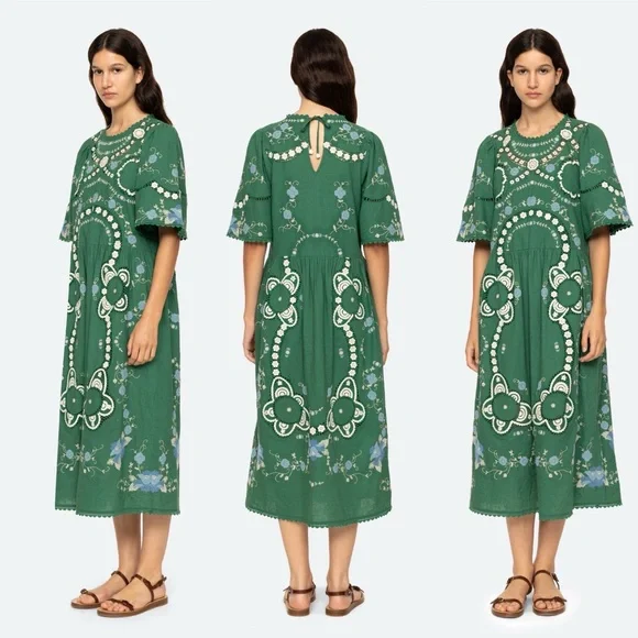 SEA New York Vesna Embroidered Midi Dress Green Floral Cotton Linen Size Small - Picture 12 of 16